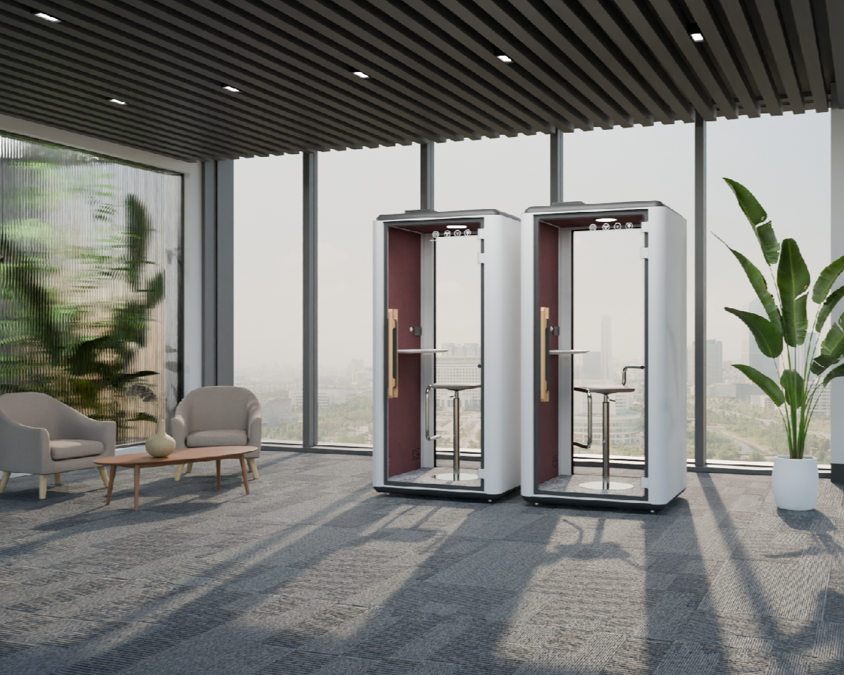 2 soundproof pods next to each other in office waiting area