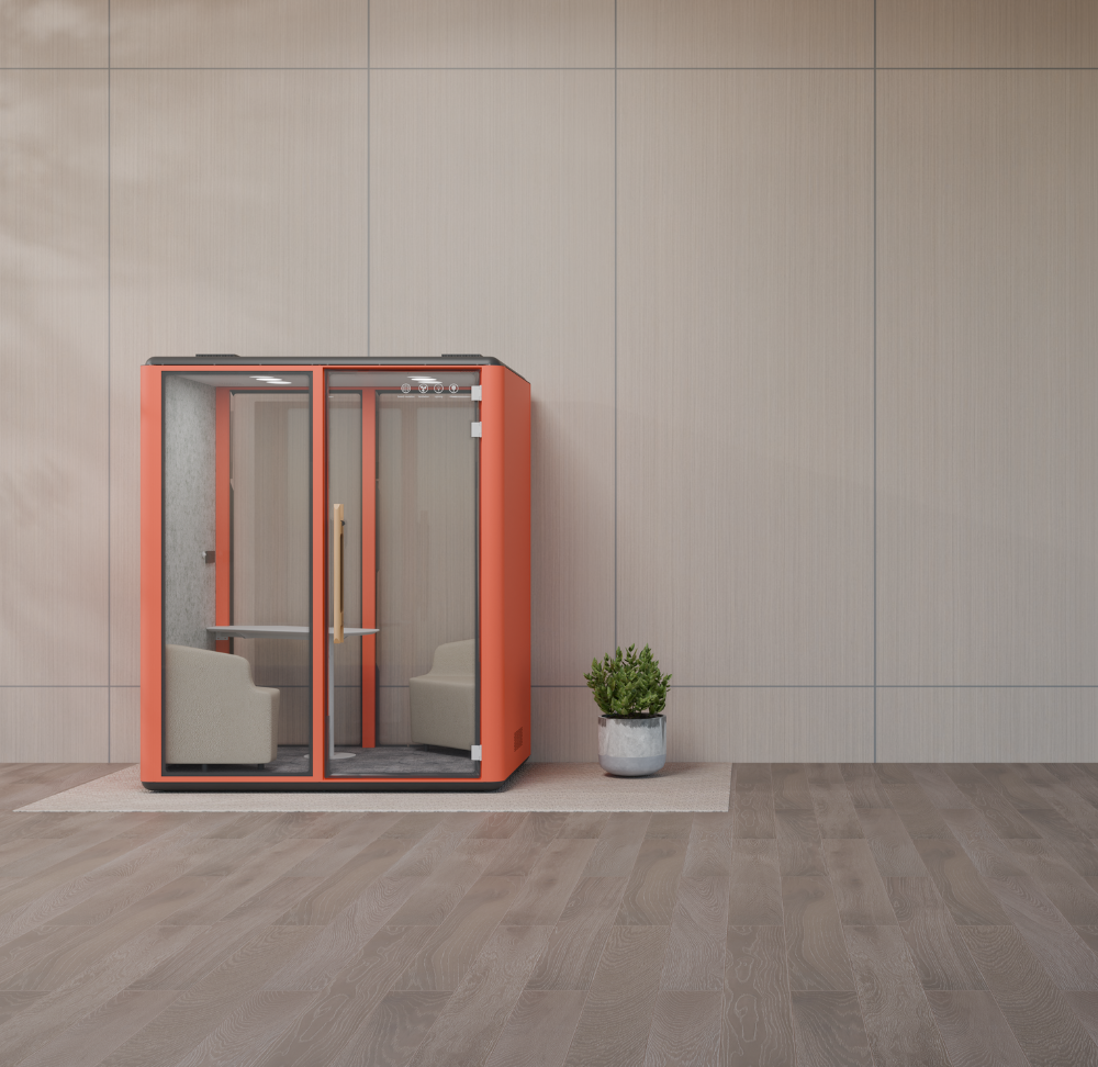 orange 2 person office booth with furntiture